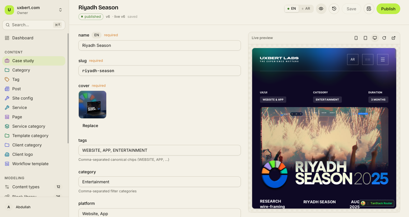 The cms.uxbert.ai editor: a case study open on the left with a live website preview rendering on the right.